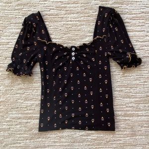 Free People Fun Print Black Shirt in Size S/P